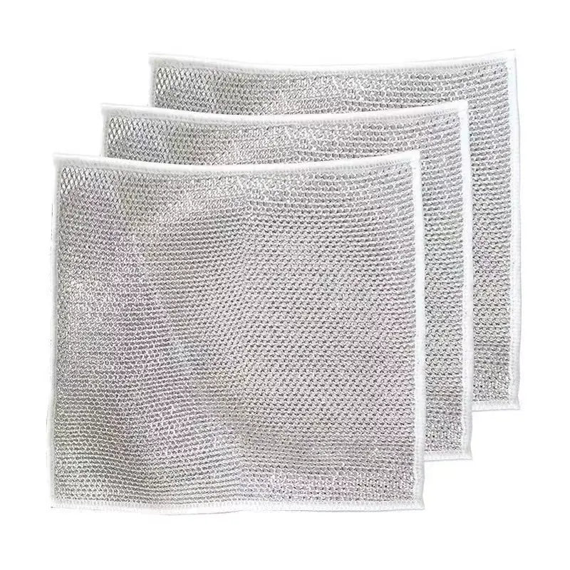 Chiffon à vaisselle en fil métallique double couche anti-rayures Tampons à récurer en acier Chiffons pour le lavage de la vaisselle (Lot de 3)