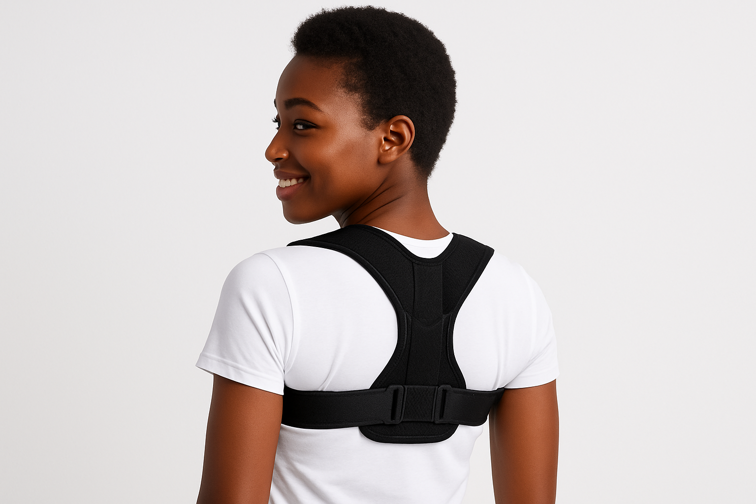 Mannequin africaine vue de dos, regardant légèrement en souriant, portant un t-shirt blanc et un correcteur de posture noir sur fond blanc